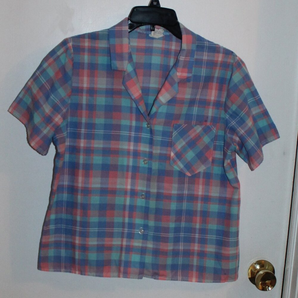Vintage Cotton Bay Ladies Woven Plaid Short Sleeve Shirt
